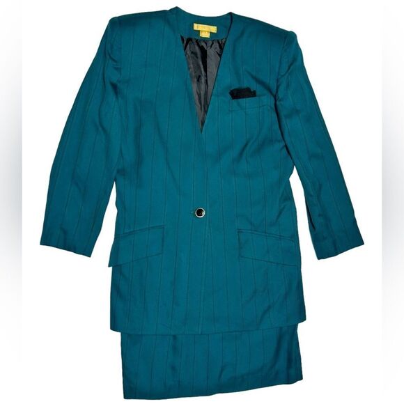 Vintage Robinsons Blue Skirt Set Skirt Suit Matching Blazer One Button Shoulder - Picture 1 of 16